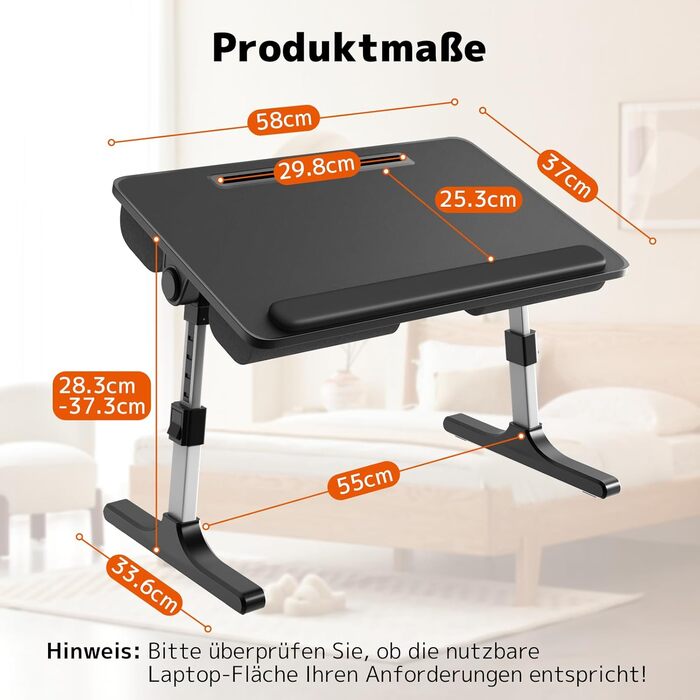 Стіл для ноутбука PUTORSEN - регульований за висотою та кутом нахилу, 58 x 37 см, чорний