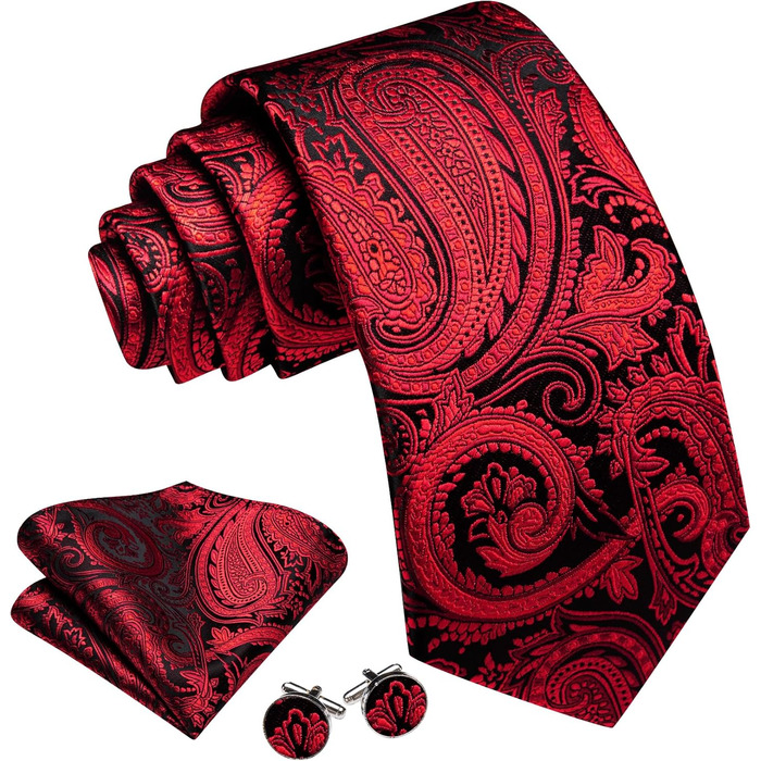 Набір краваток Barry.Wang з шовковим візерунком пейслі (3 шт.) з кишеньковим хустинкою та запонками. Червоно-чорний колір, для урочистих подій та весілля