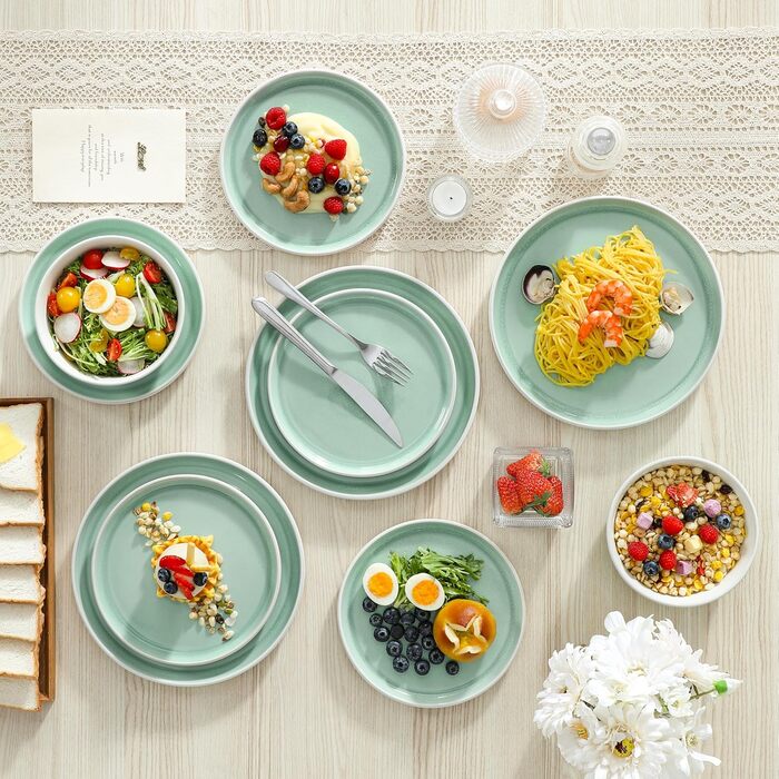 Набір посуду Steingut 18 предметів vancasso ELBA для 6 осіб, сучасний посуд у бірюзовому кольорі (6 тарілок, 6 мисок, 6 десертних тарілок)