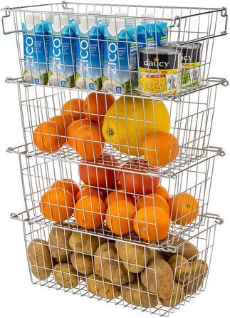 SANNO Freezer Storage Baskets, Stackable, for Pantry, Storage and Organization, Stackable, Potato and Onion Storage Containers, Metal Storage Baskets, 4 Pack