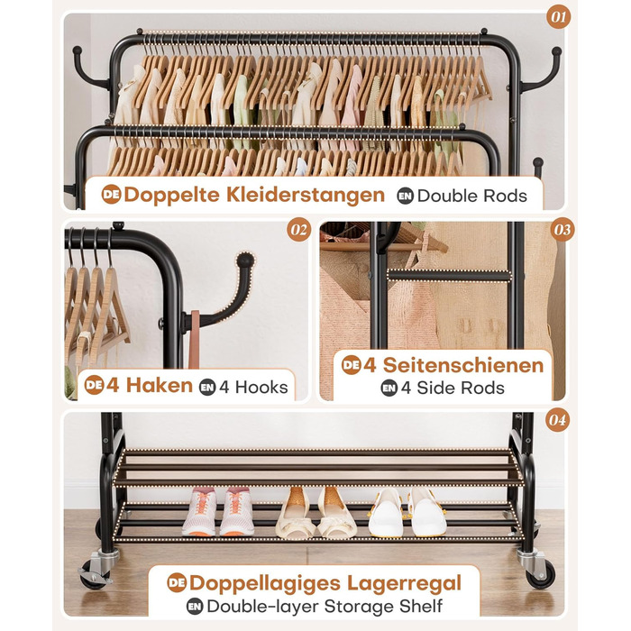 Стійка для одягу Yorbay на колесах: металева, 2 перекладини, 4 гачки, 2 полиці для зберігання, до 120 кг, 112 см (ширина)