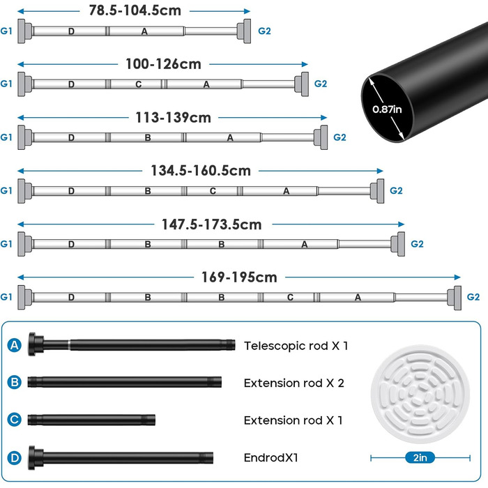 Телескопічна штанга для карнизи/душової завіси, чорна, 79-195 см. Кріплення без свердління. Телескопічна штанга для карнизи/душової завіси.