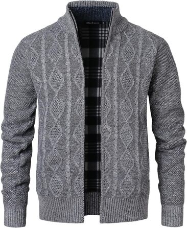 Чоловіча в'язана куртка-кардиган з коміром-стійкою та візерунком коси. Тепла флісова куртка з довгим рукавом для чоловіків (XXL, світло-сірий)
