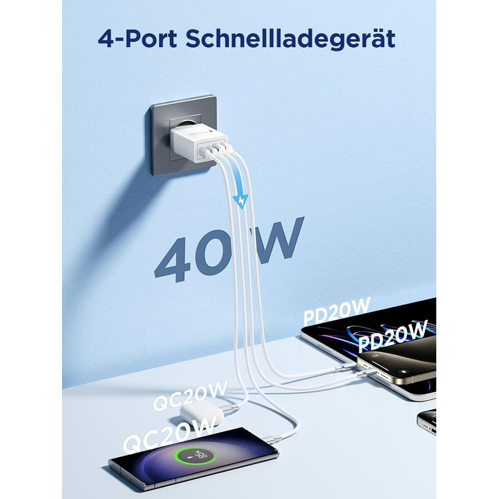 Багатопортовий зарядний пристрій Aioneus USB-C 40W з 4 портами (USB-C та USB-A) для iPhone, Samsung та інших телефонів, білий