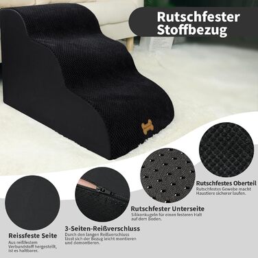 Non-slip Dog Stairs for Small Dogs 2-Step, Pet Stairs for Bed and Sofa made of High-Density Sponge, Dog Stairs Dog Ramp with Removable, Washable Cover and Non-Slip Bottom, 55x40x30cm (3 Steps Black Dog Stairs)