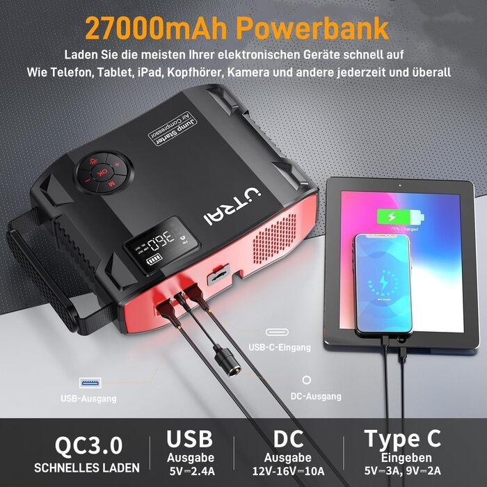 UTRAI 7000A Powerbank для запуску авто: 27000mAh, компресор, LED ліхтарик 1600 лм, QC3.0, 160W DC, для бензинових та дизельних двигунів (12L)
