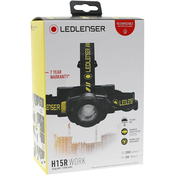 Налобний ліхтар Ledlenser H15R Work, 2500 люмен, IP67, акумуляторний, LED, з фокусуванням, магнітна зарядка, для каски, високий CRI