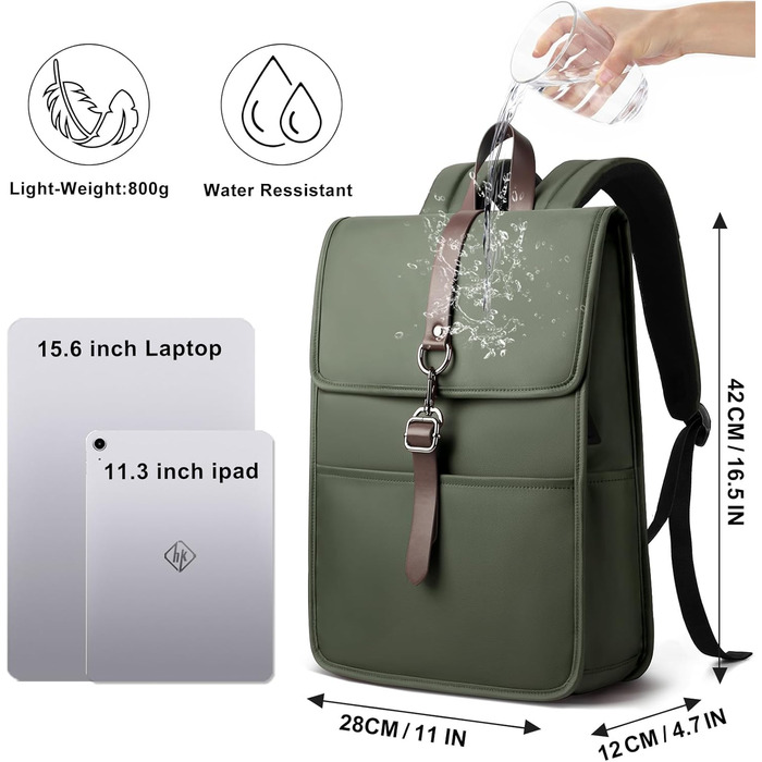 Рюкзак для ноутбука чоловічий/жіночий, з USB-портом, 15.6 дюймів, для подорожей, навчання, велосипеда (Зелений)