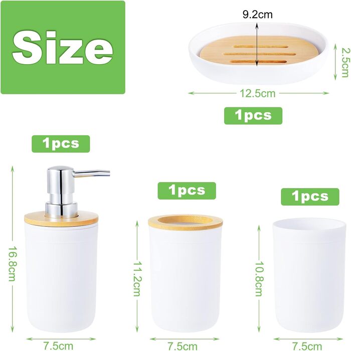 Набір аксесуарів для ванної кімнати з бамбука (4 шт): стакан для зубної пасти, тримач для зубних щіток, стакан для ополіскувача, дозатор для лосьйону, мильниця (білий)