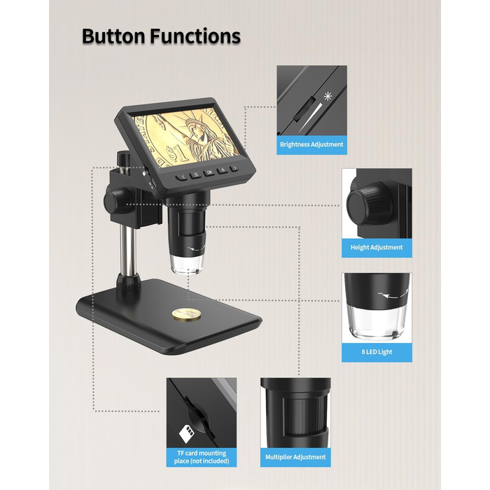 Цифровий мікроскоп AOPICK з LCD екраном, 50X-500X, 4.3 дюйма, 1080P, USB, 8 LED, для дорослих/дітей, сумісний з MacOS/Windows (чорний)
