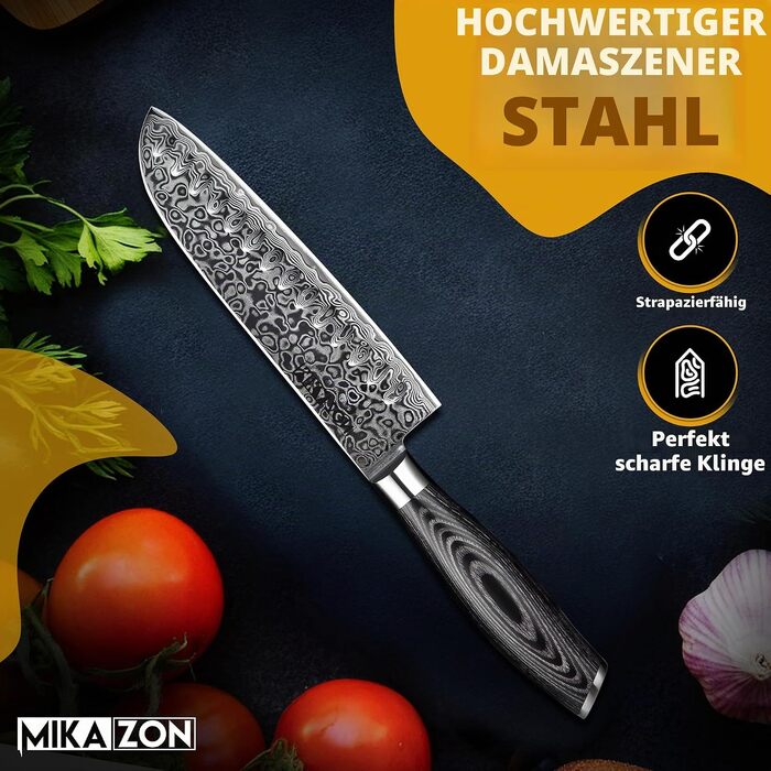 Професійний набір кухонних ножів з дамаської сталі (5 предметів), 67 шарів, руків'я з паккавуду, включаючи ніж Сантоку 17.8 см, у подарунковій коробці