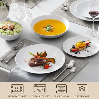 MALACASA, Amelia Series, Dinner Set for 12 People, 48-Piece Porcelain Tableware Set, White Combination Service, with 12 Dinner Plates, 12 Cake Plates, 12 Soup Plates, and 12 Bowls, White 48-Piece