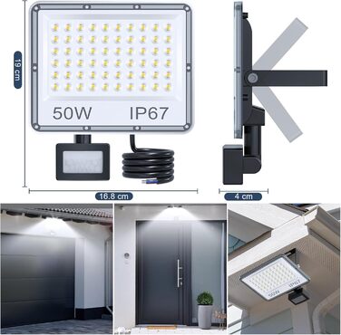 LED Floodlights with Motion Sensor Outdoor 100W 2 Pack, 10000LM LED Spotlights with Motion Sensor, 6500K Cool White Outdoor Floodlights, IP67 Waterproof Floodlights for Warehouse Garden Garage (50W-1PC)