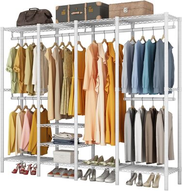 KZOBYD Clothes Rack, Coat Rack with 6 Height-Adjustable Shelves, Clothes Rail with 4 Hanging Compartments, Plenty of Space, for Bedroom, Living Room (White)