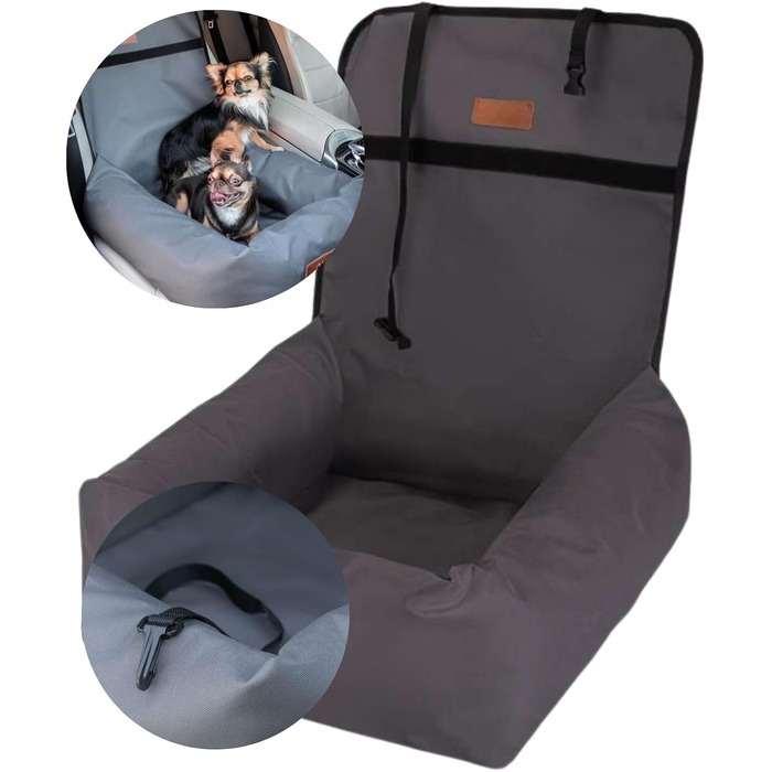 Крісло-ліжко для собак Petsen з іменем, сіре. Зручне автокрісло для собак маленьких порід, автоліжко з ліжком та поводок.