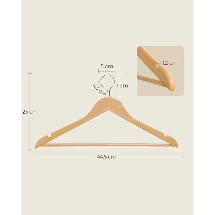 SONGMICS Wooden Clothes Hangers, 30-Piece Set, Solid Wood Hangers, Shoulder Indentations, Non-Slip Trouser Bar, 360° Swivel Hook, for Suits, Shirts, Natural Wood-Silver, CRW031NL