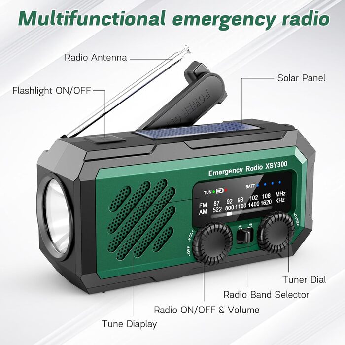 Радіопортативне YIKANWEN на сонячній батареї та ручному приводі, 2000mAh, AM/FM, LED-ліхтарик, зелений - для дому та кемпінгу