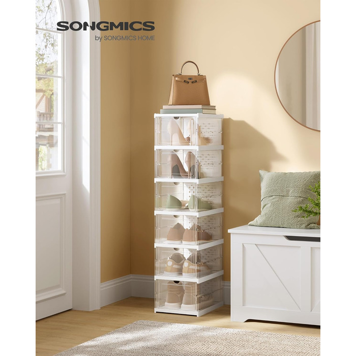 SONGMICS Shoe Cabinet Set, with 18 Shoe Boxes, Integrated Shoe Organizer, Foldable, Portable, for Shoes up to Size 46, 1-Minute Assembly, Transparent-Cloud White LSP207W01 (Transparent + Cloud White, 1)
