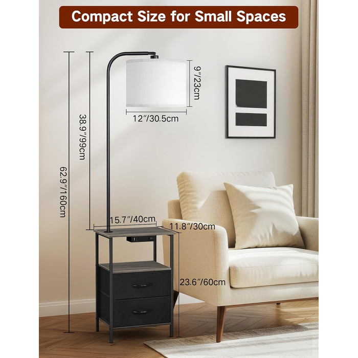 Стельова лампа для вітальні з поличкою та столиком, регульована LED, з пультом, 3 колірні температури, приліжний столик з підзарядкою та полицею, дерев'яний столик для спальні/офісу (сірий з шухлядами)