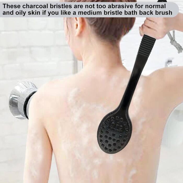 Back Scrub Brush – Curved shower brush with a long handle and medium-stiff bristles for cleaning and exfoliating the body, back scrubber for men and women (black + pink, 2)