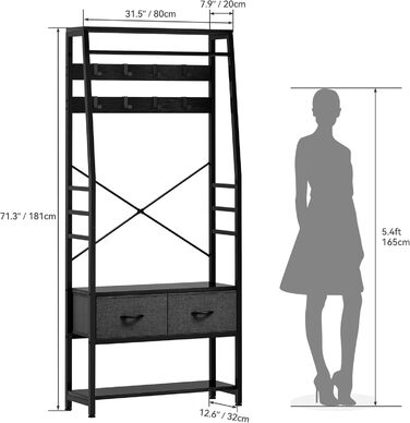 YITAHOME Entryway Storage Bench with Shoe Cabinet, Freestanding Entryway Bench with Bank and 2 Folding Drawers, Industrial Coat Rack with 8 Hooks for Entryway, Living Room, Bedroom, Metal Frame, Rustic Brown (Black)