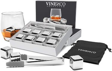 Набір кубиків льоду для віскі з нержавіючої сталі (8 шт.) - 12 шт. кубиків, щипці, мішечок, аксесуар для бару, коктейлів, джин