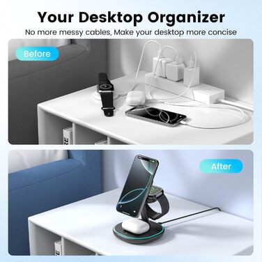 3-в-1 Зарядний пристрій MagSafe, 15W Швидка Бездротова Зарядка, Індукційна Зарядка для iPhone 16/15/14/13/12, Розумний годинник, AirPods Pro/2/3 - Чорний