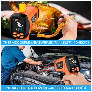 Інфрачервоний термометр MESTEK: цифровий лазерний пірометр з K-зондом (-50°C ~ 800°C), безконтактний, з LCD-дисплеєм, сигналізацією, регулюванням коефіцієнта випромінювання для кухні, гриля, авто