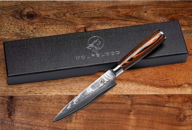 Кухонний ніж Wolfblood Damastmesser з дамаської сталі (24 см) 62 HRC, сертифікований TÜV. Ніж шеф-кухаря з дерев'яною ручкою, подарункова коробка та захист леза