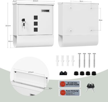 Поштовий ящик WOLTU з газетницею, оглядовим вікном та табличкою для імені, настінний, замикається (2 ключі), білий (30,5x33,5x9 см)
