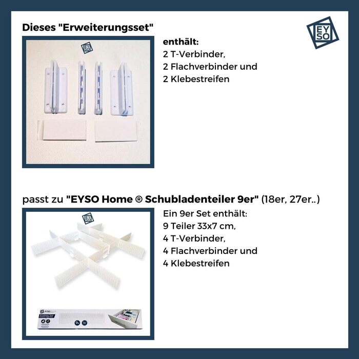 EYSO Home® Drawer Dividers Set of 33x7 cm including Connectors – fits perfectly into your drawer [extend, shorten, divide] - the organizational system (1, T-Set)