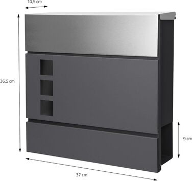 Поштова скринька настінна ECD Germany з газетницею, антрацит/срібло, 37x10.5x36.5 см, нержавіюча сталь, вікно огляду, 2 ключі, кріплення. Сучасний дизайн.