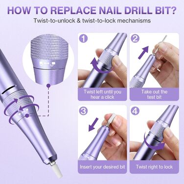 Електрична шліфувальна машинка для нігтів (нагельфрайзер) з LCD-дисплеєм, 45000 об/хв, професійний набір для манікюру та педикюру з мультифункціональною базою та сенсорним керуванням, фіолетовий