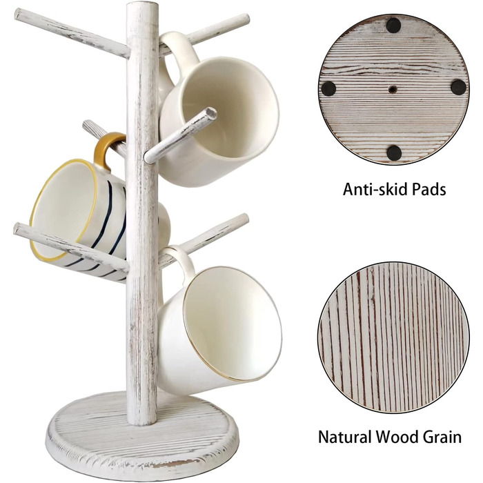 Dorho Cup Holder, Tree, Coffee Cup Holder with 6 Hooks, Wooden Cup Holder for Countertop, Coffee Bar Accessories and Organizer Station, White (Rustic White)