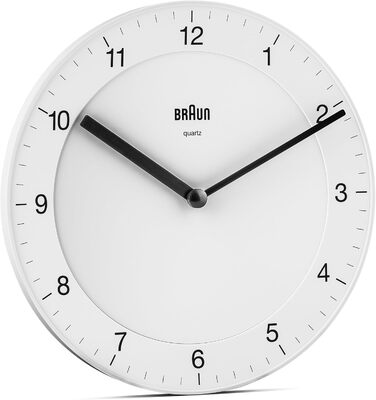 Braun Classic analog wall clock with a quiet quartz movement, easy-to-read dial with a 20 cm diameter in white, model BC06W.