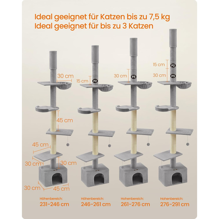 Когтеточка для котів Feandrea, 231-291 см, регульована висота, XXL, багатоярусна, товсті стійки (11 см), з будиночком, лежаком та платформою (світло-сіра)