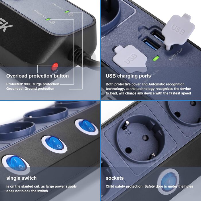 BESTEK Розподільник розеток з 6 розетками, 4 USB, захистом від перенапруги 900 Дж, з вимикачем, синьо-білий, 1.8м кабель