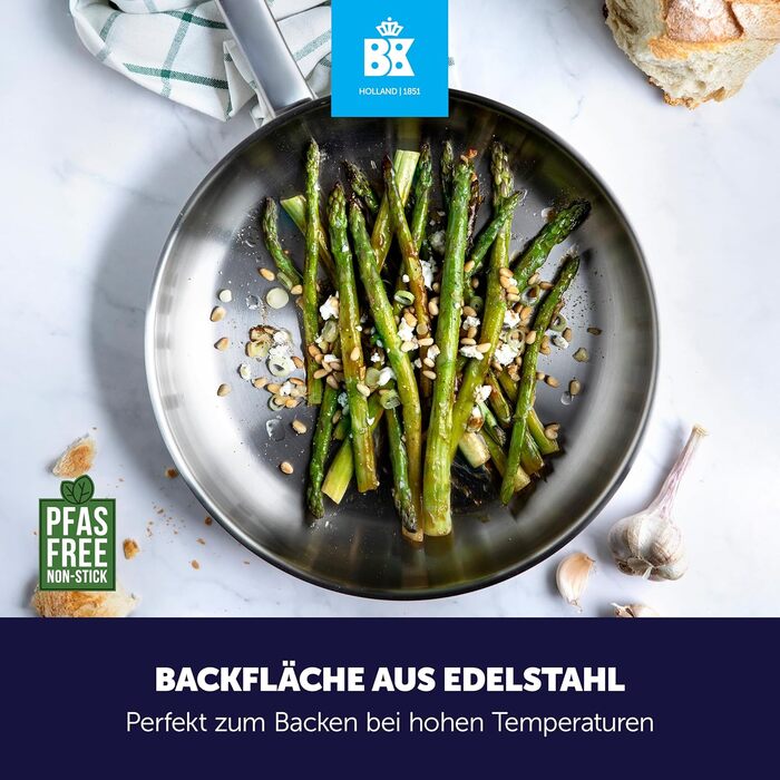 Сковорода BK Bright з нержавіючої сталі, 30 см, з антиковзним покриттям, для професійного приготування, Induktion, сумісна з духовкою до 230°C, безпечна для запікання, можна мити в посудомийній машині, срібна