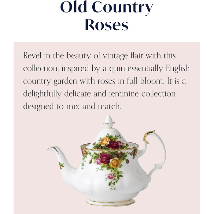 Чайний сервіз Royal Albert Old Country Roses на 4 персони, порцеляна Bone China, середній розмір, квітковий візерунок, чайник 0,8 л, вінтажний подарунковий набір