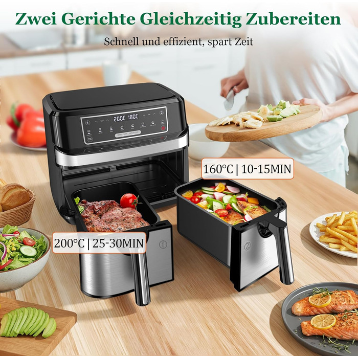 Фритюрниця повітряна з 2 камерами на 9 літрів | Air Fryer з двома відсіками по 4,5 л, 2600 Вт, 8-в-1, сенсорне керування, функція Smart Finish, незалежний контроль температури та часу (срібна)