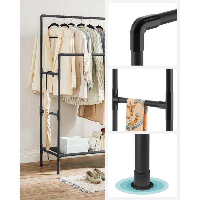 SONGMICS Дзеркало-вішалка для одягу металева, біла, з 2 перекладинами та полицею, до 55 кг, проста збірка RDR01WT (Чорний)