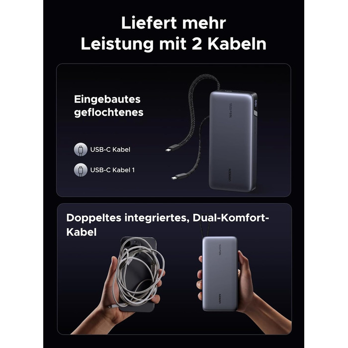 Power Bank UGREEN Nexode 25000mAh 165W з 2 USB-C кабелями (140W PD3.1) для MacBook Pro, Dell XPS, iPad Pro, Steam Deck, Galaxy S25 Ultra, iPhone 17