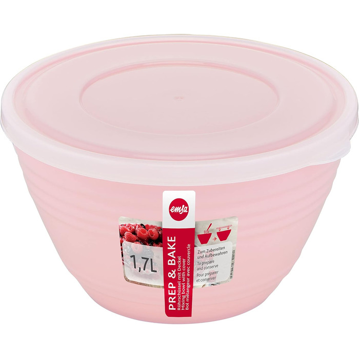 Emsa K32517 Prep&Bake Plastic Mixing Bowl 1.7 L | with a preserving lid for refrigerator storage | non-slip base | perfect stability when mixing | dishwasher safe | Pink