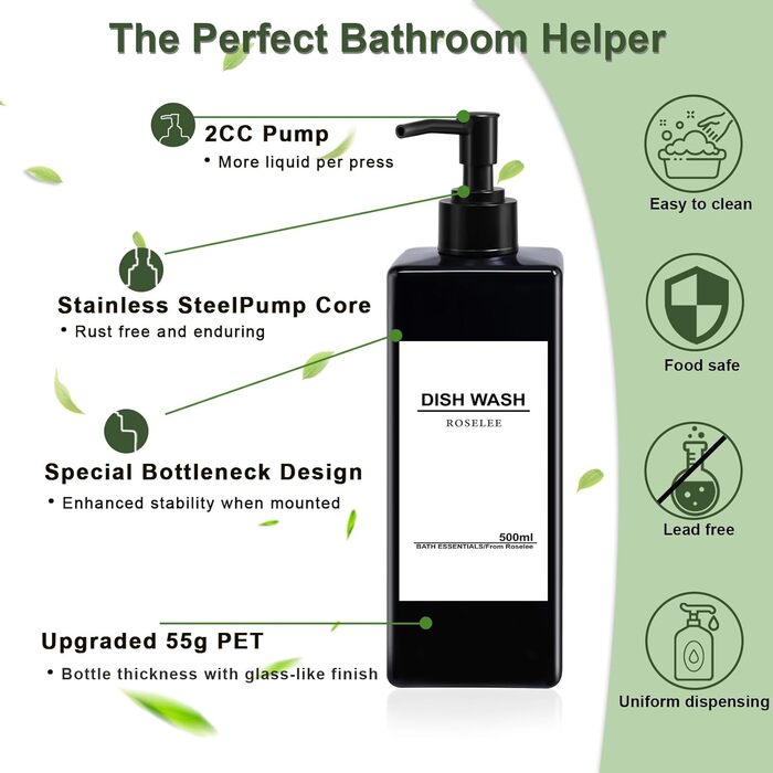 Набір дозаторів для мила Roselee (4 шт.), 500 мл, чорний. Дозатори для душу, шампуню, мила. Пластикові дозатори з воронкою та вологостійкими етикетками для кухні, ванної кімнати.