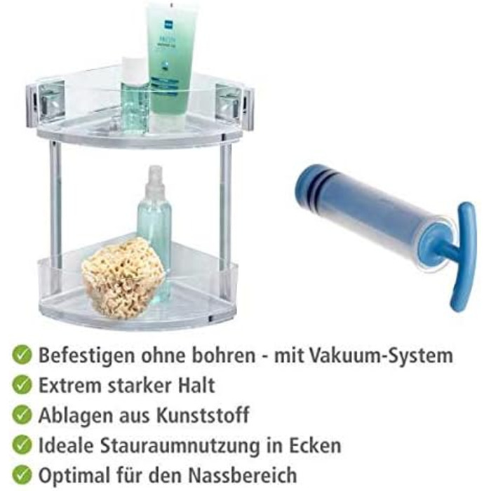 WENKO Vacuum-Loc® Bathroom Corner Shelf Quadro Duo, No Drilling Required, with 2 Shelves, Rust-Proof Stainless Steel Holder with Removable Plastic Tray, Easy-to-Clean Shower Shelf, 28 x 32.5 x 19.5 cm