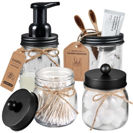 Mason Jar Bathroom Accessory Set, 4 Piece, Foaming Soap Dispenser & 2 Qtip Holders & Toothbrush Holder, Rustic Farmhouse Decor, Apothecary Glass, Countryside Countertop (Black)