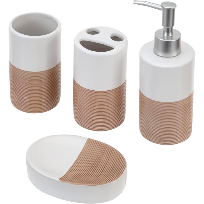 Deluxe 4-Piece Ceramic Bathroom Set with Soap Dispenser, Toothbrush Holder, Cup, and Soap Dish in White and Beige