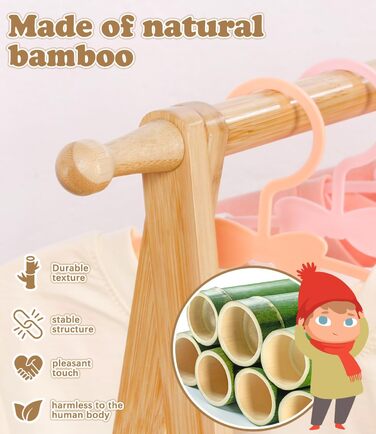 Relquorax Bamboo Children's Clothes Rack with Storage Bag and Clothes Rail, Dress-Up Stand, Small Wardrobe Rack, for Costumes in Children's Rooms (Natural Color)