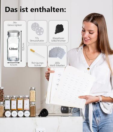 Набір скляних банок для спецій Deco haus® (36 шт.) з кришками, етикетками та ситами