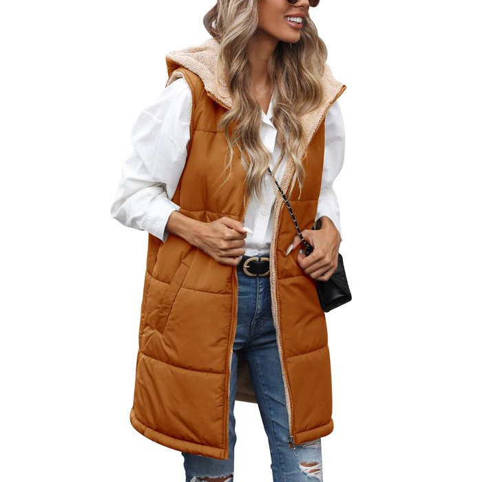 Жіноча тепла жилетка Tuopuda з капюшоном, стеганий фліс, без рукавів, для осені та зими, світло-коричнева, розмір M